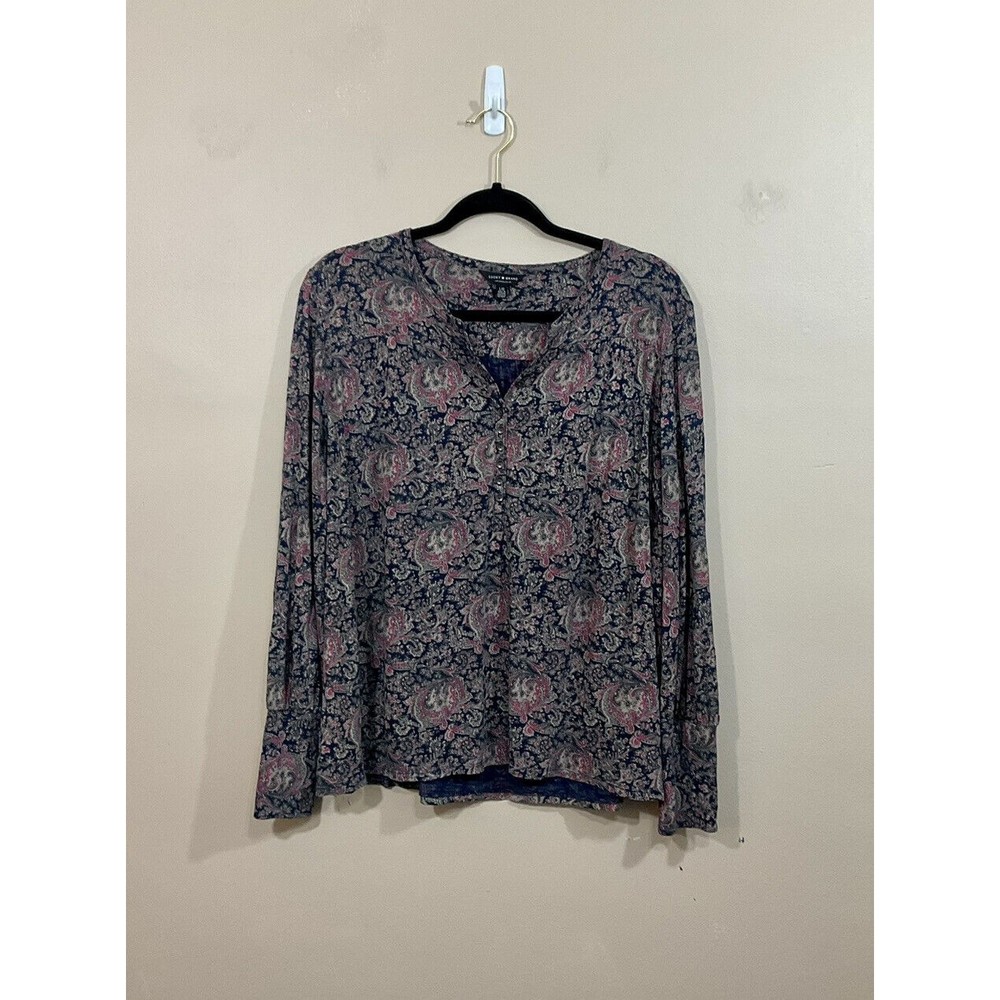 Lucky Brand Womens Paisley Print Popover Shirt Size Large Blue Pink Boho Hippie